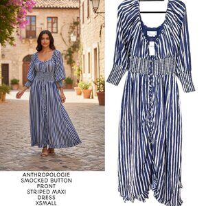 ANTHROPOLOGIE MAXI DRESS BLUE WHITE STRIPE BUTTON DOWN SMOCK NWT SZ. XSMALL